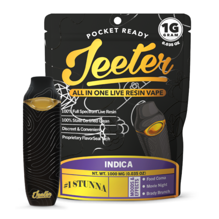 #1 Stunna live resin vape by Jeeter crafted with high-quality cannabis extract, delivering potent effects, sweet fruity and earthy terpene flavor, and a smooth, flavorful vaping experience.