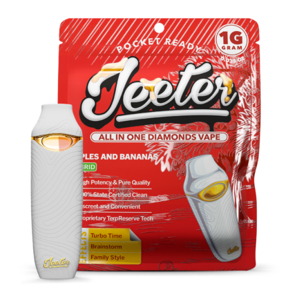 Apples and Bananas live resin vape by Jeeter crafted with high-quality cannabis extract, delivering potent effects, sweet apple and banana terpene flavor, and a smooth, flavorful vaping experience.