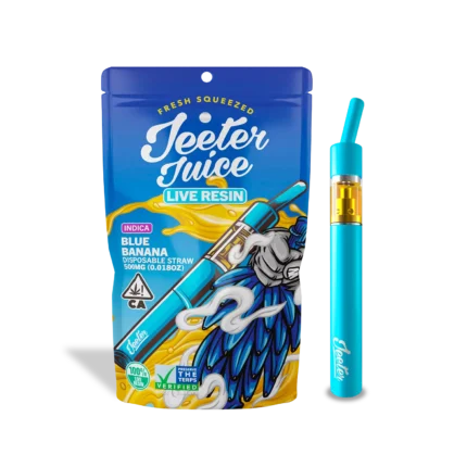 Blue Banana Jeeter infused pre-roll crafted with premium indoor cannabis flower and coated in kief for enhanced potency, fruity flavor notes, and a smooth, slow-burning experience.