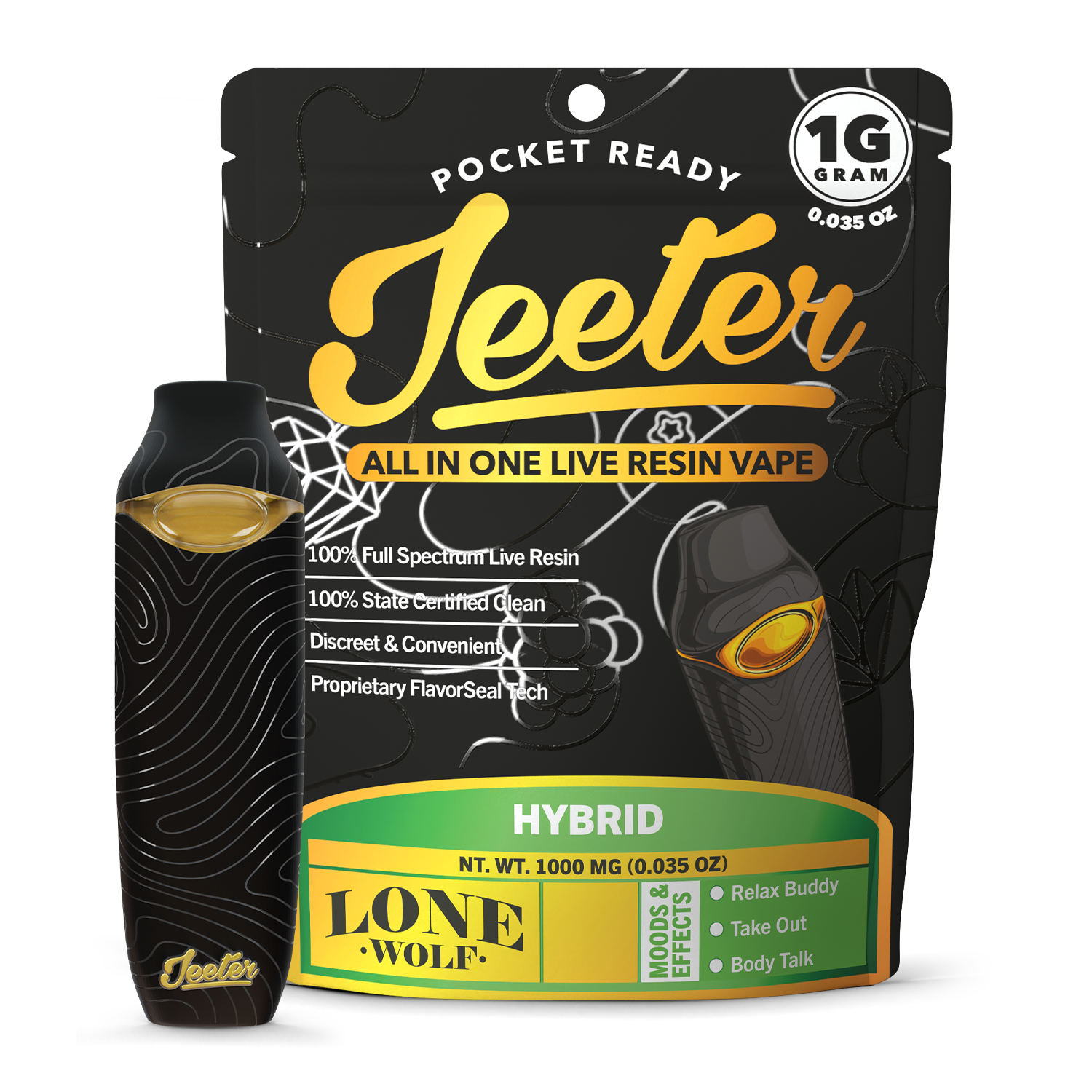 Lone Wolf Jeeter Live Resin Vape – Premium Cannabis Vape Cartridge Lone Wolf Jeeter live resin vape crafted with high-quality cannabis extract, delivering potent effects, earthy herbal and citrus terpene flavor, and a smooth, flavorful vaping experience.
