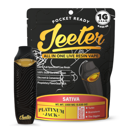 Platinum Jack live resin vape by Jeeter crafted with high-quality cannabis extract, delivering potent effects, citrus and pine terpene flavor, and a smooth, flavorful vaping experience.