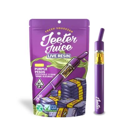 Purple Pesos Jeeter Live Rosin solventless cannabis concentrate made from fresh frozen flower, delivering high potency, rich terpene profile, and smooth flavorful vapor.