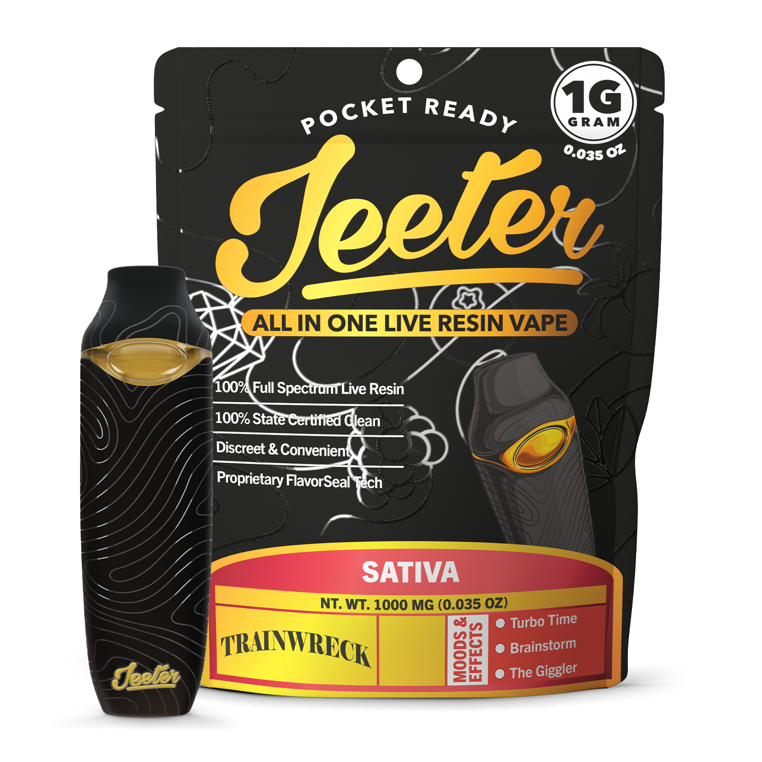 TrainWreck Live Resin Vape by Jeeter – Premium Cannabis Vape Cartridge TrainWreck live resin vape by Jeeter crafted with high-quality cannabis extract, delivering potent effects, earthy pine and citrus terpene flavor, and a smooth, flavorful vaping experience.